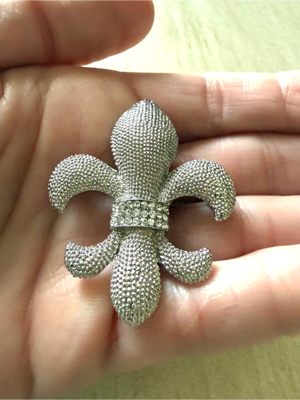 Silver Fleur-de-Lis Brooch with Crystal Accent